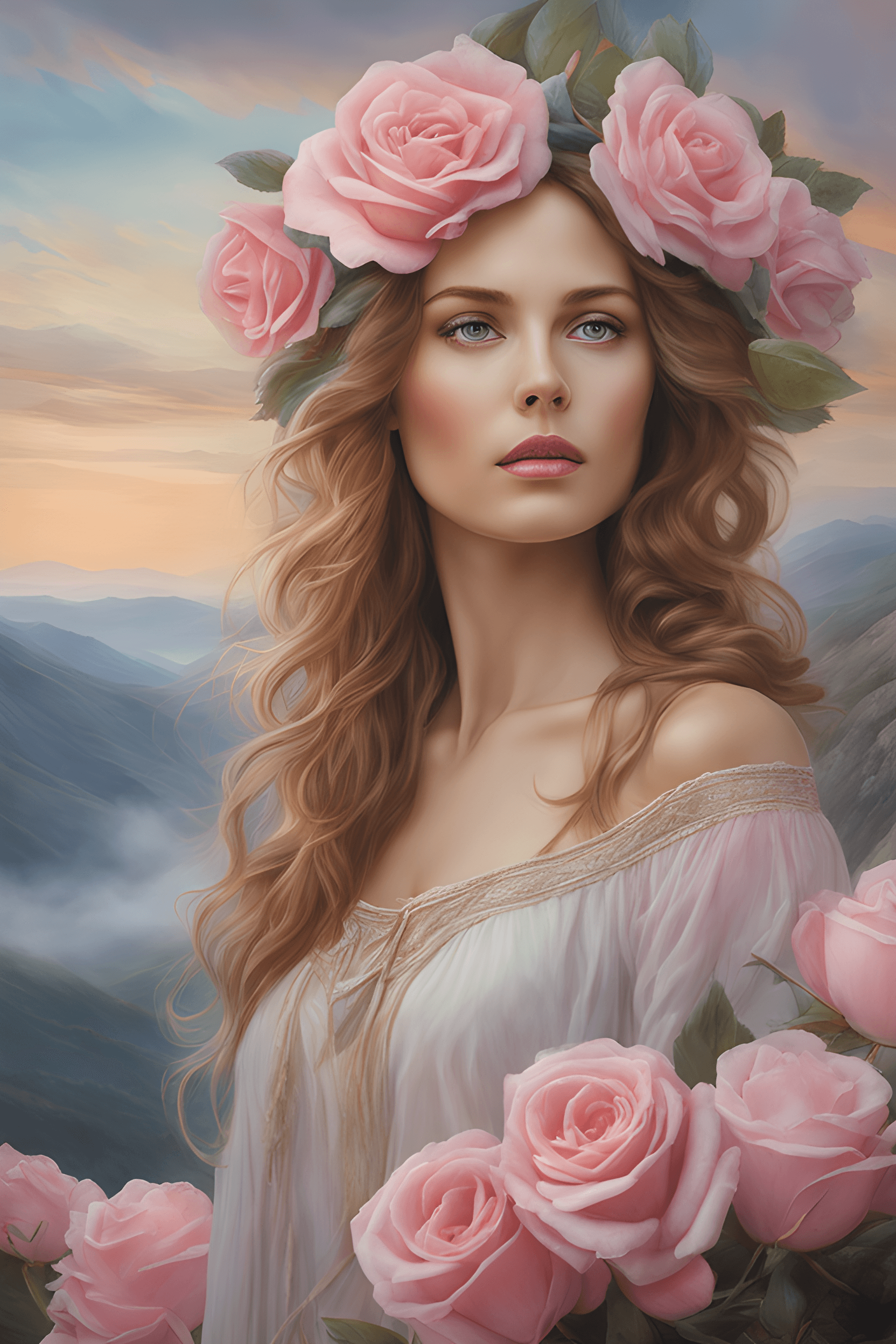 AI generated: Thought provoking portrait of a beautiful woman woman standing on top of a mountain, by McKay, she i...