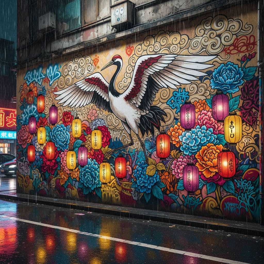 AI generated:  well-lit street scene mural with a japanese crane painting and colorful flowers and lanterns  light...