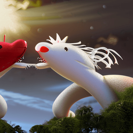 AI generated: Photo of a white chinese dragon and red chinese dragon, dancing mid-air, beautiful midnight sky, ove...