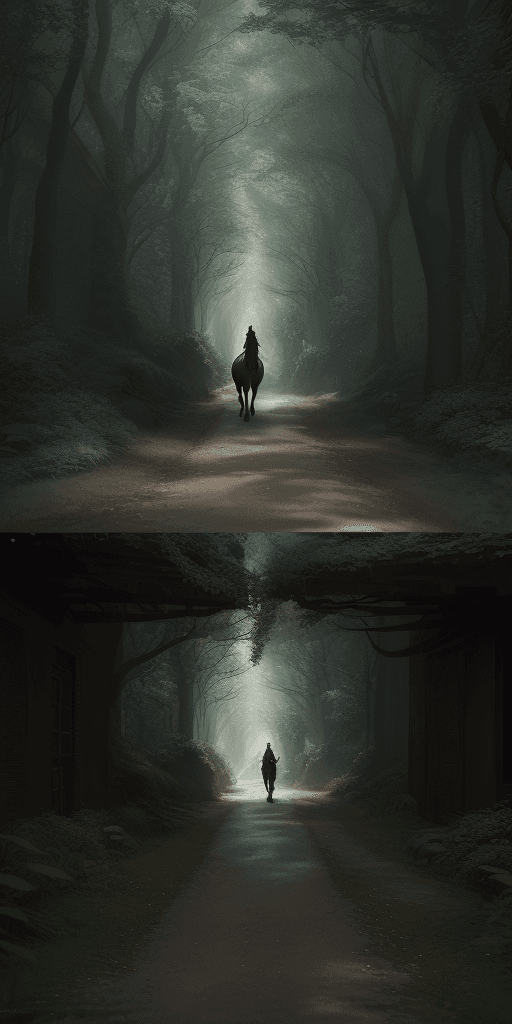 AI generated: a professional photographic view picture of an alley in a green forest,A warrior riding a horse, wal...