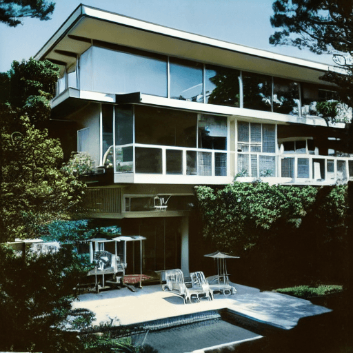 AI generated: Hyper realistic eye level exterior photo of a mid century modern style house overlooking the ocean, ...