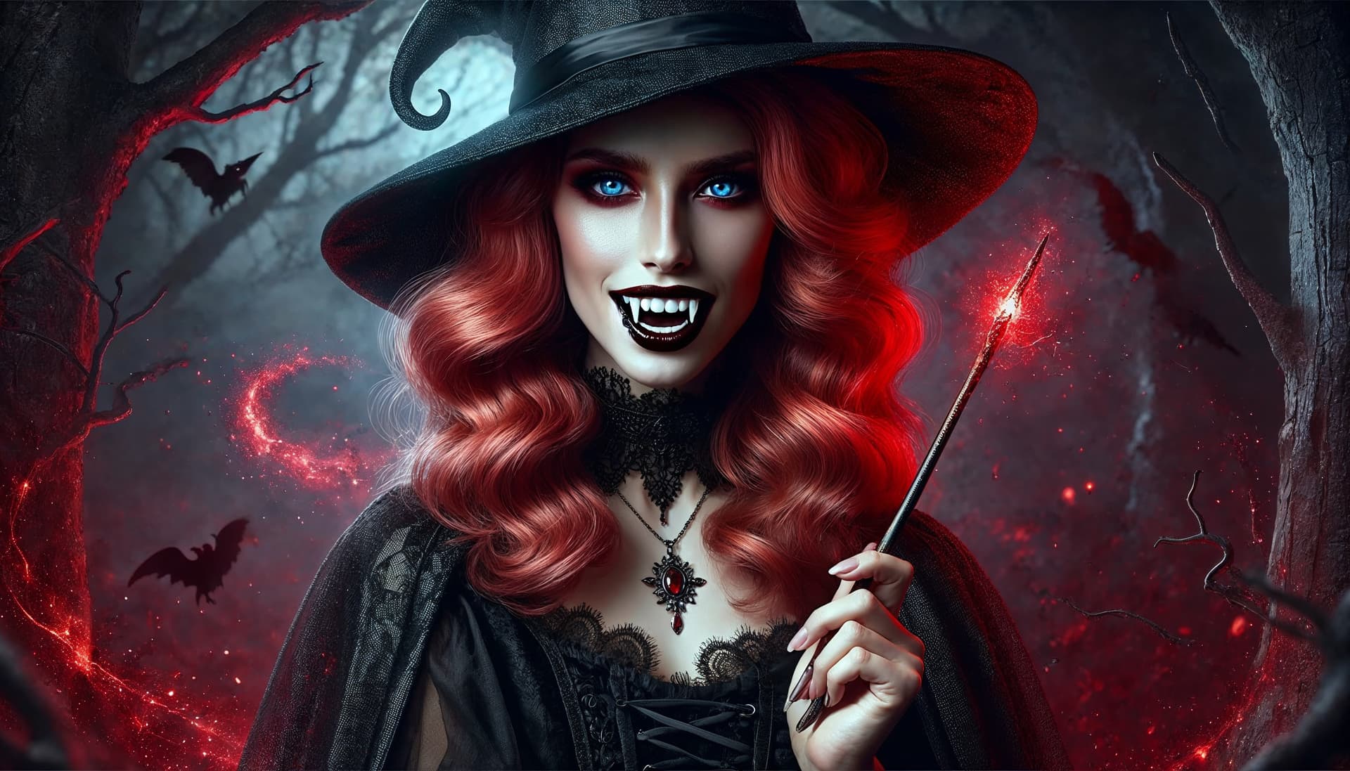 AI generated: Image is a digital fantasy artwork featuring a witch with striking features. The subject is a woman ...
