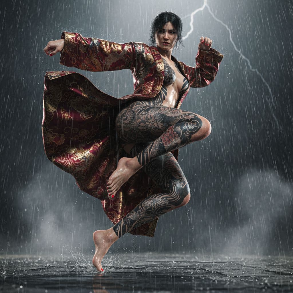 AI generated:  A beautiful Japanese female warrior, well endowed body, wearing a short kimono, blown wide open by ...