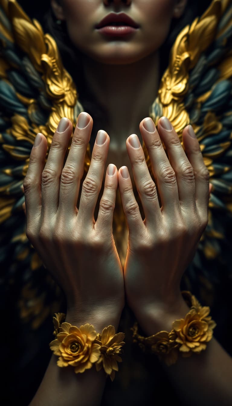 AI generated: 17. A powerful, close-up view of a woman's hands transforming into a pair of ornate, gilded bird win...