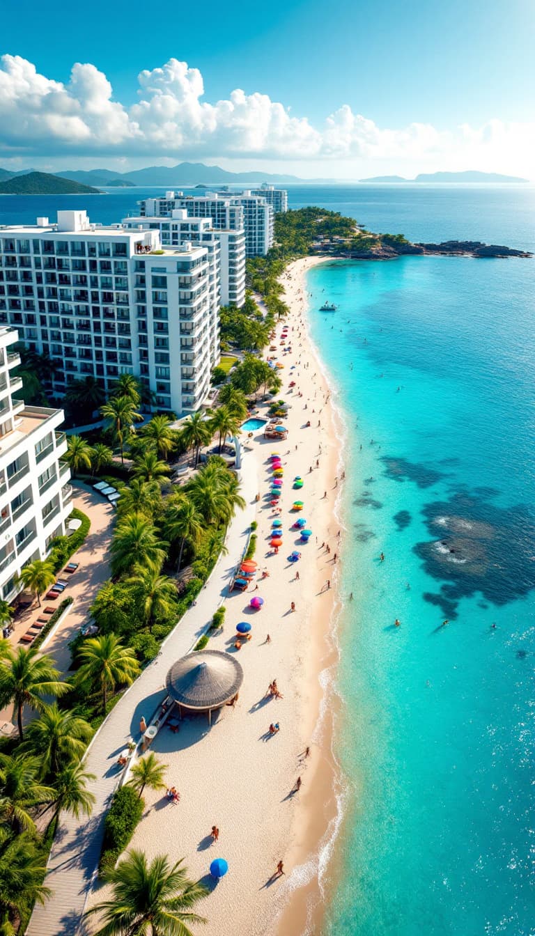 AI generated: An aerial view of a tropical seaside promenade with bright white apartment buildings surrounded by l...