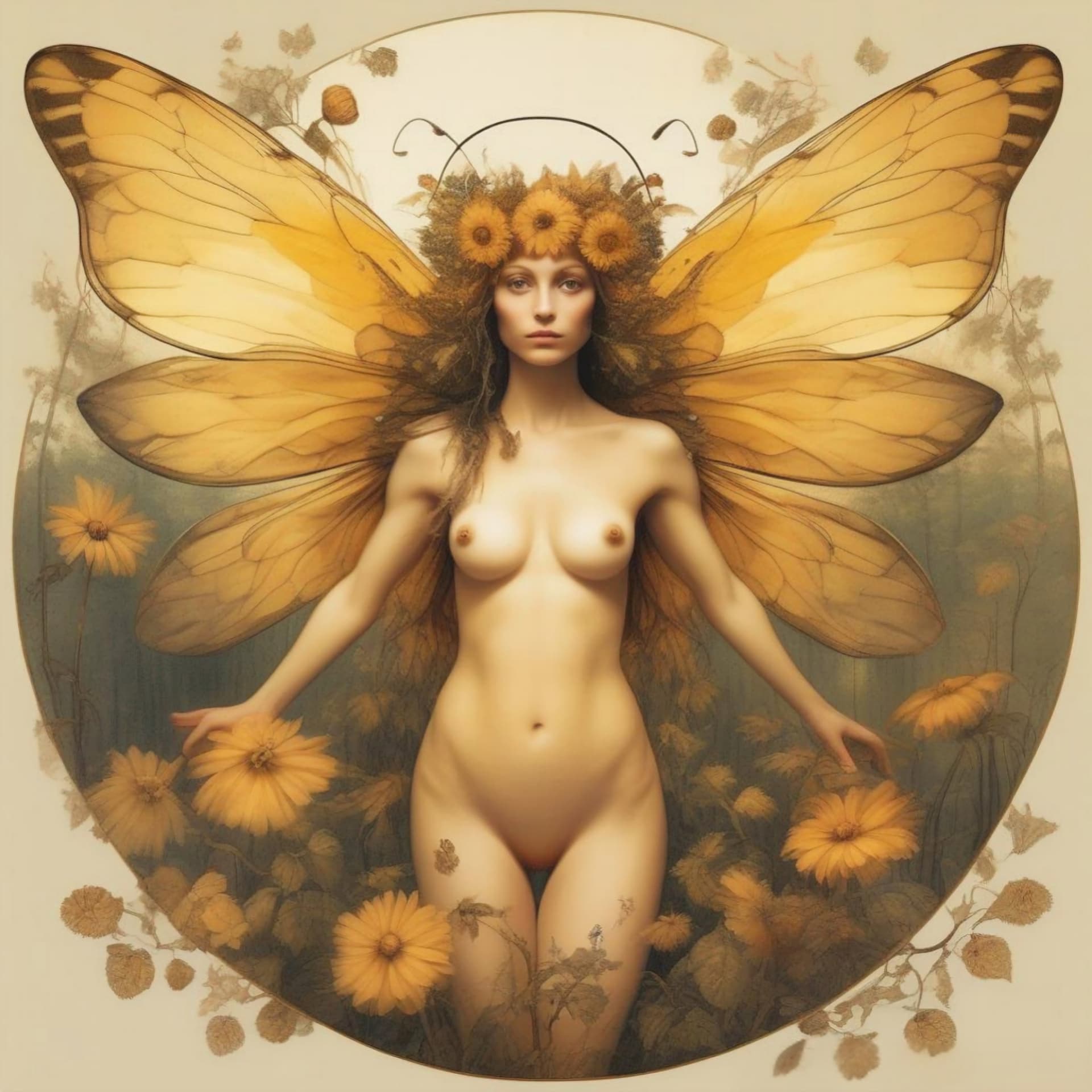 AI generated: a female naked elf with the wings of a bee. drawn as if by leonardo da vinci 