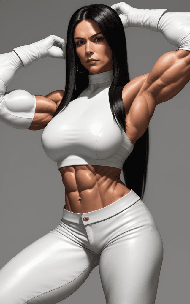 AI generated: 30 year old very  strong muscular woman, six pack,  toned biceps, long black hair, wears white Leath...