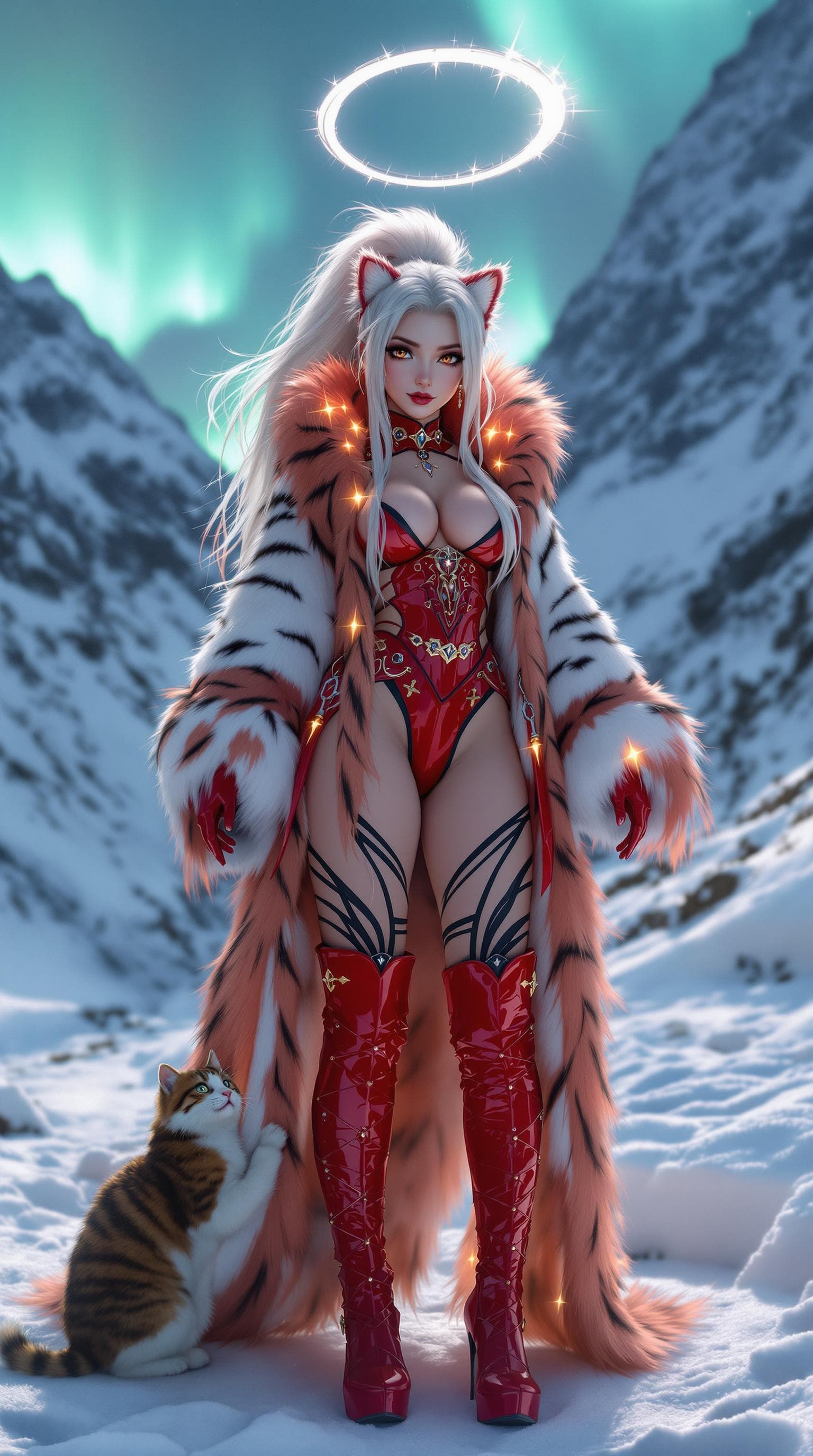 AI generated: Evergarden, full body open furry costume with feet, girl with kittens and ponytail, tiger eyes, extr...