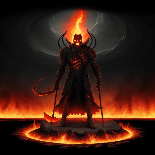 AI generated: Obamanheimer, destroyer of worlds, guarding the gates of hell with a sycthe, darkness all around, fl...