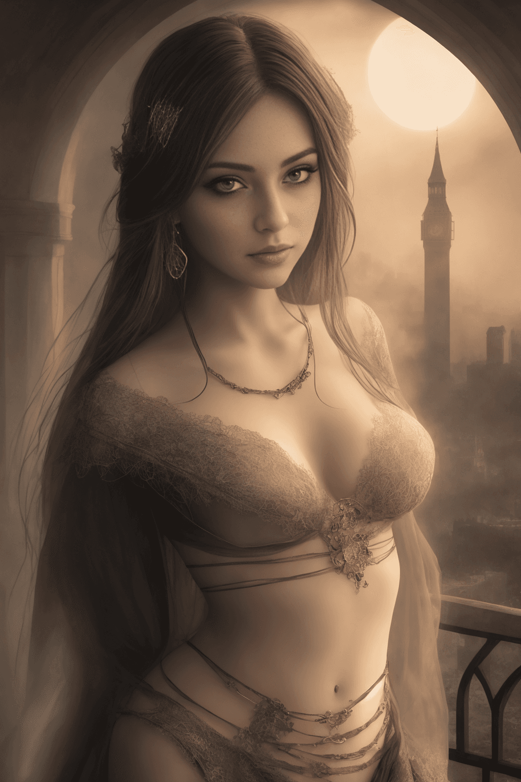AI generated: stunning, fantasy, beautiful girl, medieval london, gypsy fortune teller, Victoria Frances, luis roy...