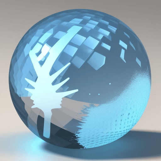 AI generated: une balle de golf composé de millier de morceaux de glace transparent légèrement bleuté, 3D