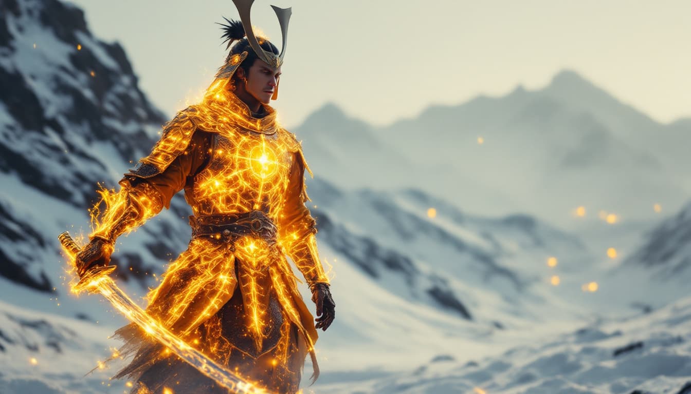 AI generated: A samurai clad in armor woven entirely from rays of sunlight, standing in a snowy and desolate lands...