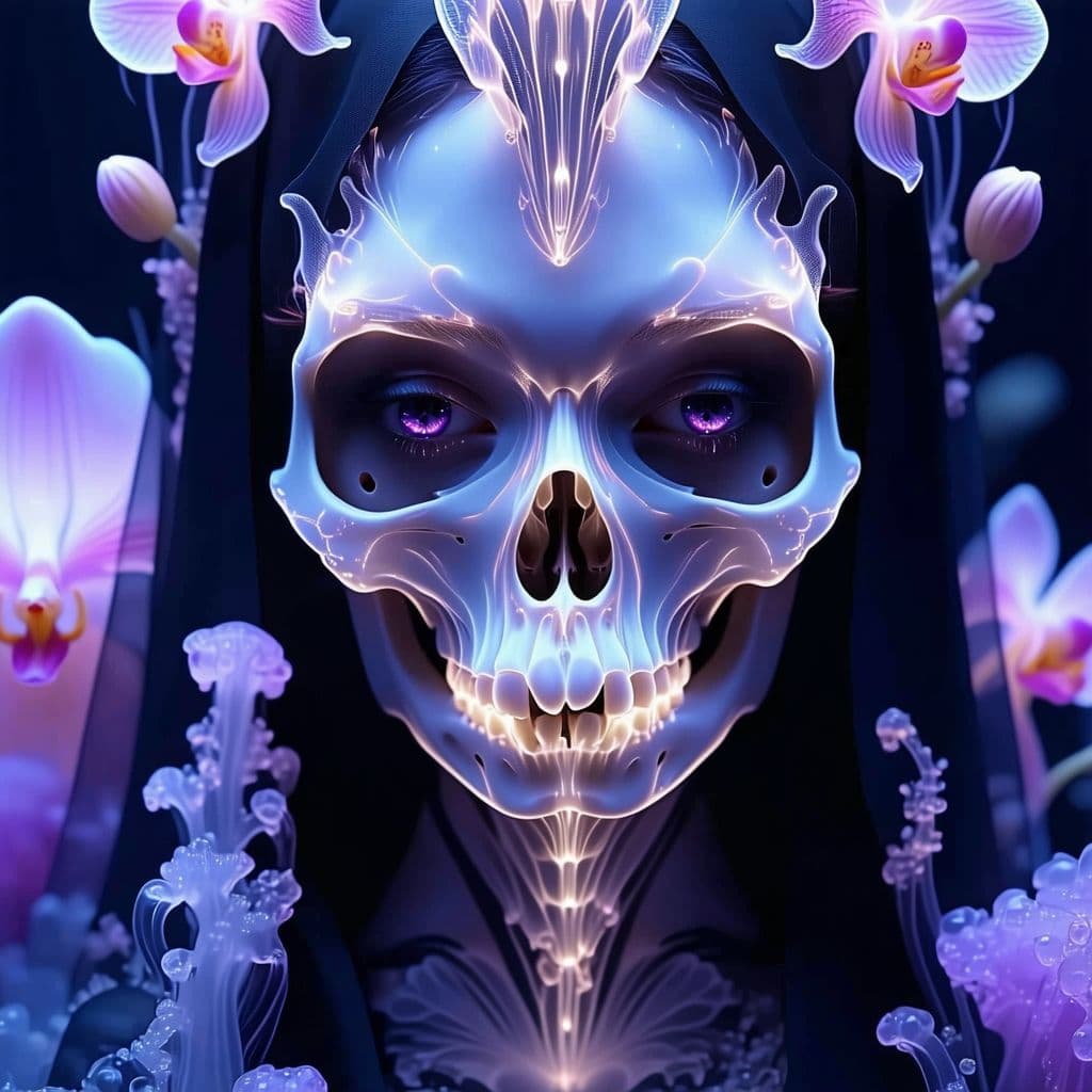 AI generated: death Goddess close-up portrait ribcagel. jellyfish phoenix head, nautilus, orchid, skull, betta fis...