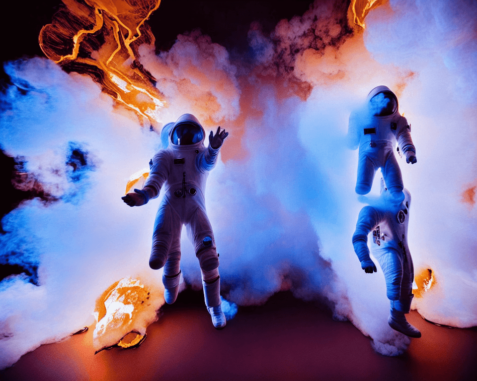 AI generated: two   white suited astronauts are  running wild in a futuristic smoky corridor in a spaceship. the r...