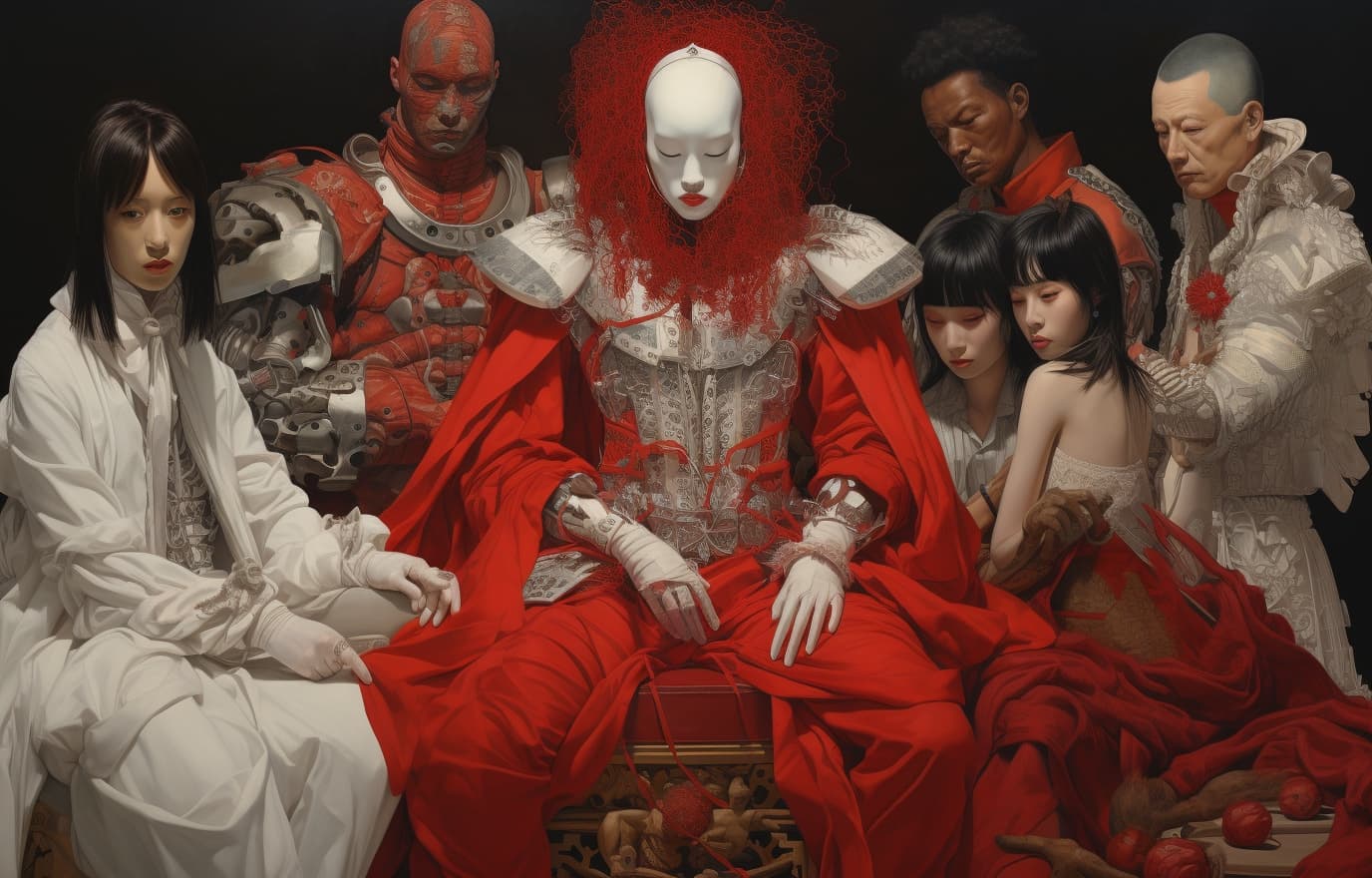 AI generated: a man and his band dressed in costumes stand in front of some girls, in the style of meticulous phot...