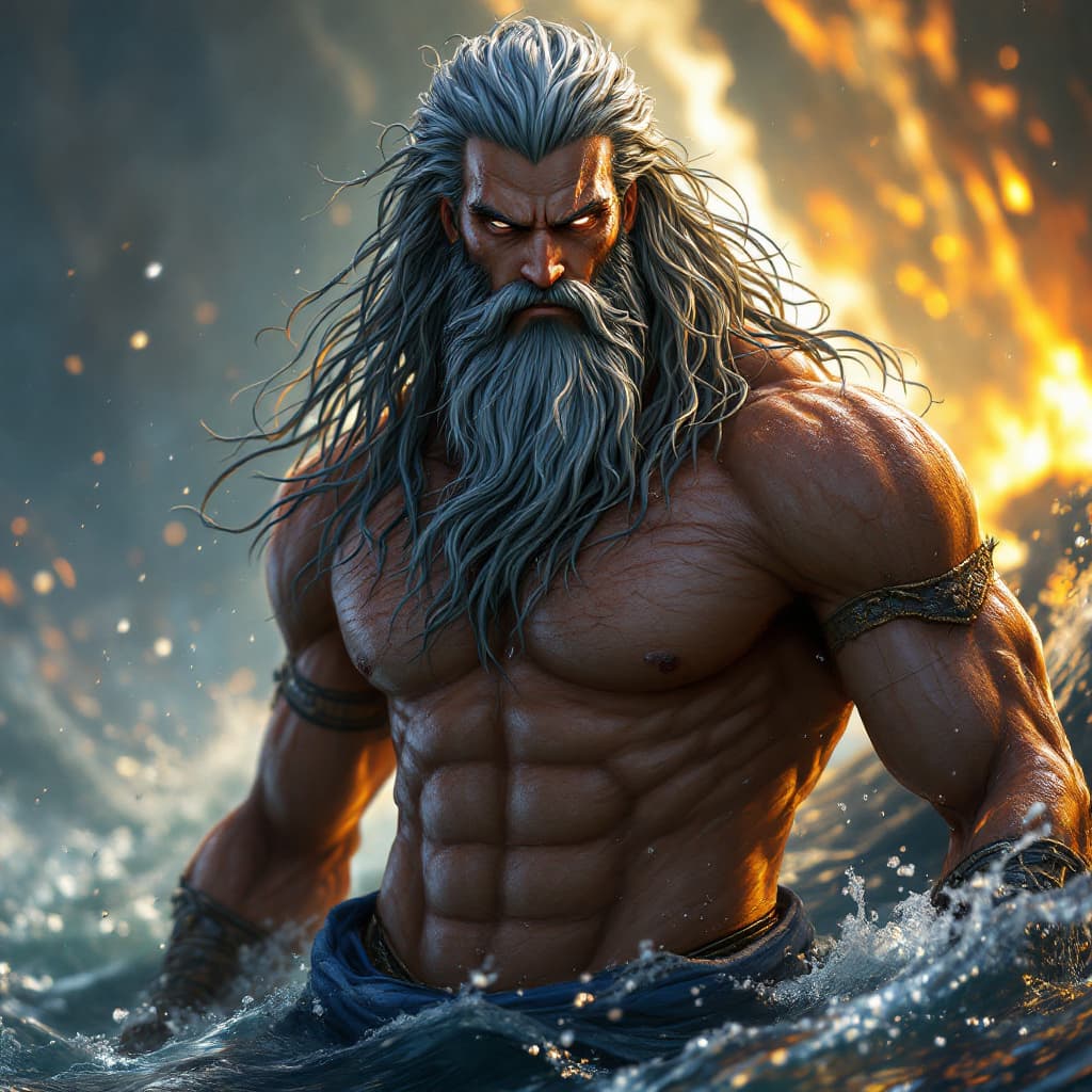 AI generated: Poseidon, greek mythology, one piece character, simetric body, full body, extremely detailed, cinema...
