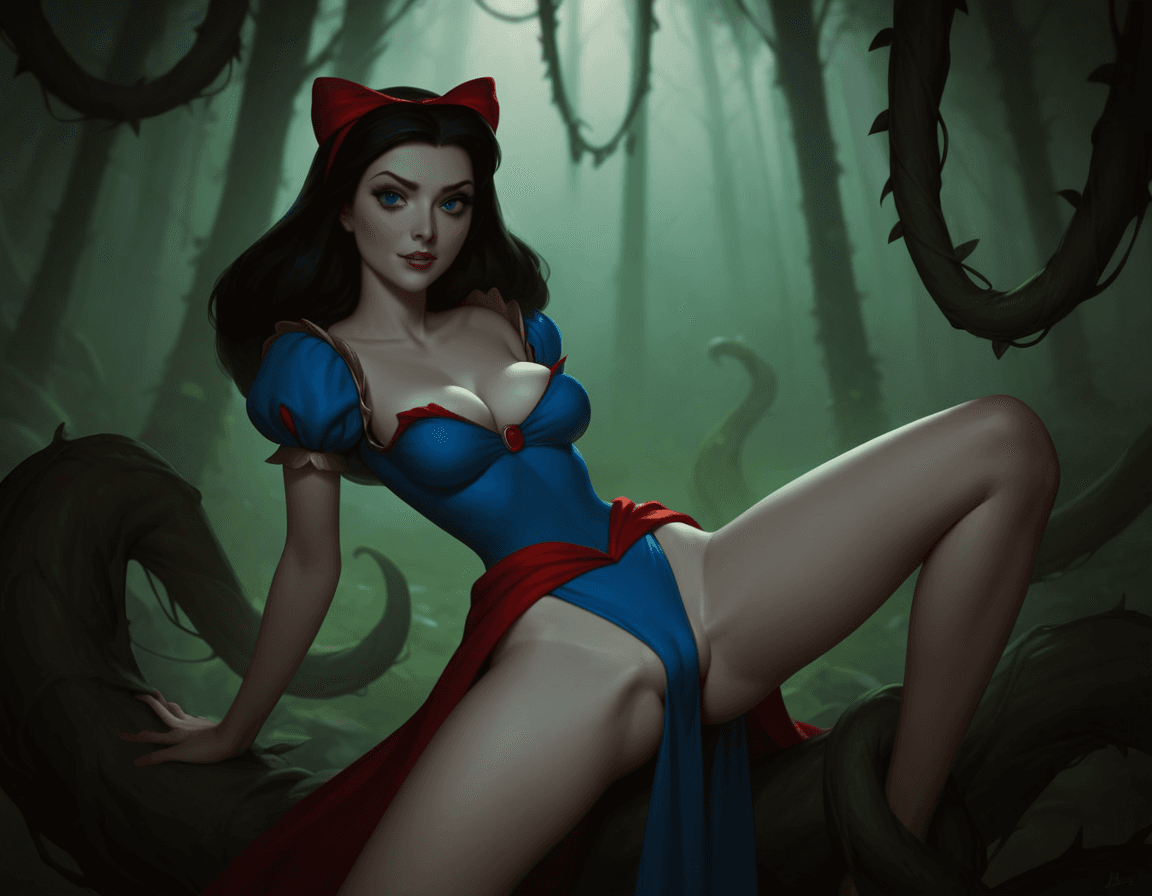 AI generated: score_9, score_8_up, score_7_up, Disney, Snow White, adult theme, enchanted forest, loin cloth, labi...