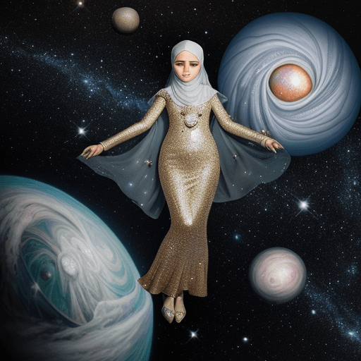 AI generated: Muslim hijabi women covered in diamonds, hyper realistic, floating in the universe --ar 9:16
