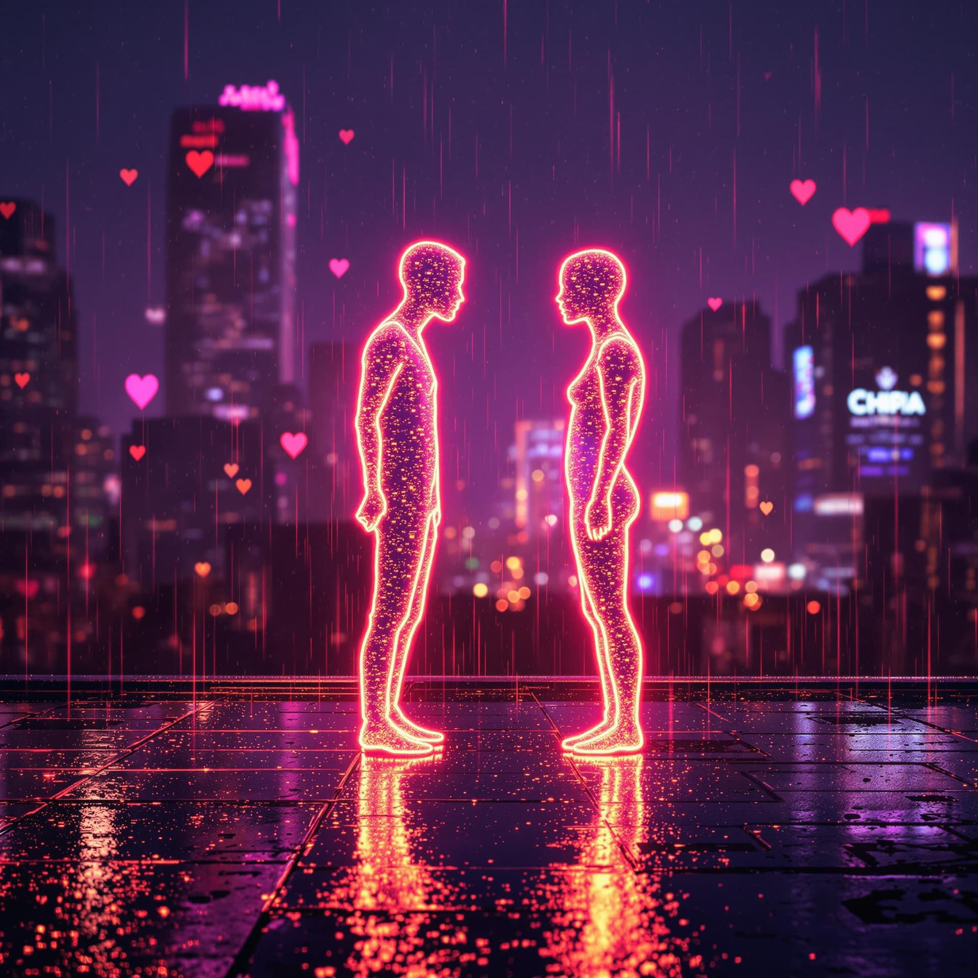AI generated: Dreamlike urban scene at night: two translucent human silhouettes made of shimmering neon light, fac...