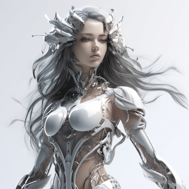 AI generated: a cyber-girl, very beautiful with long hairs, elegant pose, no background, white bg, highly detailed...