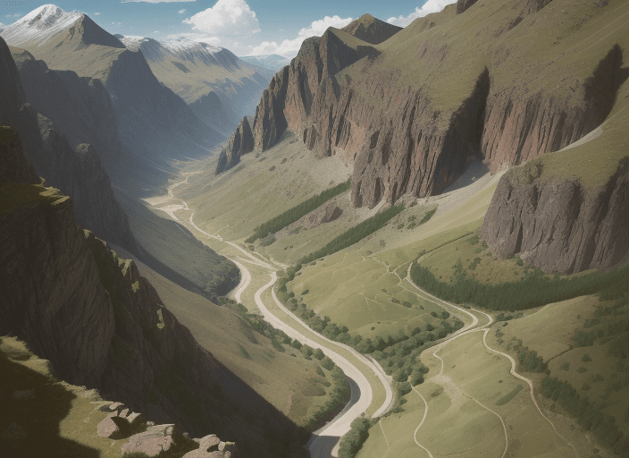AI generated: ((A R T)), vellay and canyon landscape, mix background), setting top view, Top view