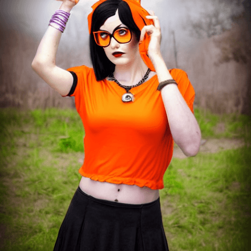 AI generated: goth girl astestic, velma from scooby-doo, a woman wearing eye glasses and an orange top, goth style...