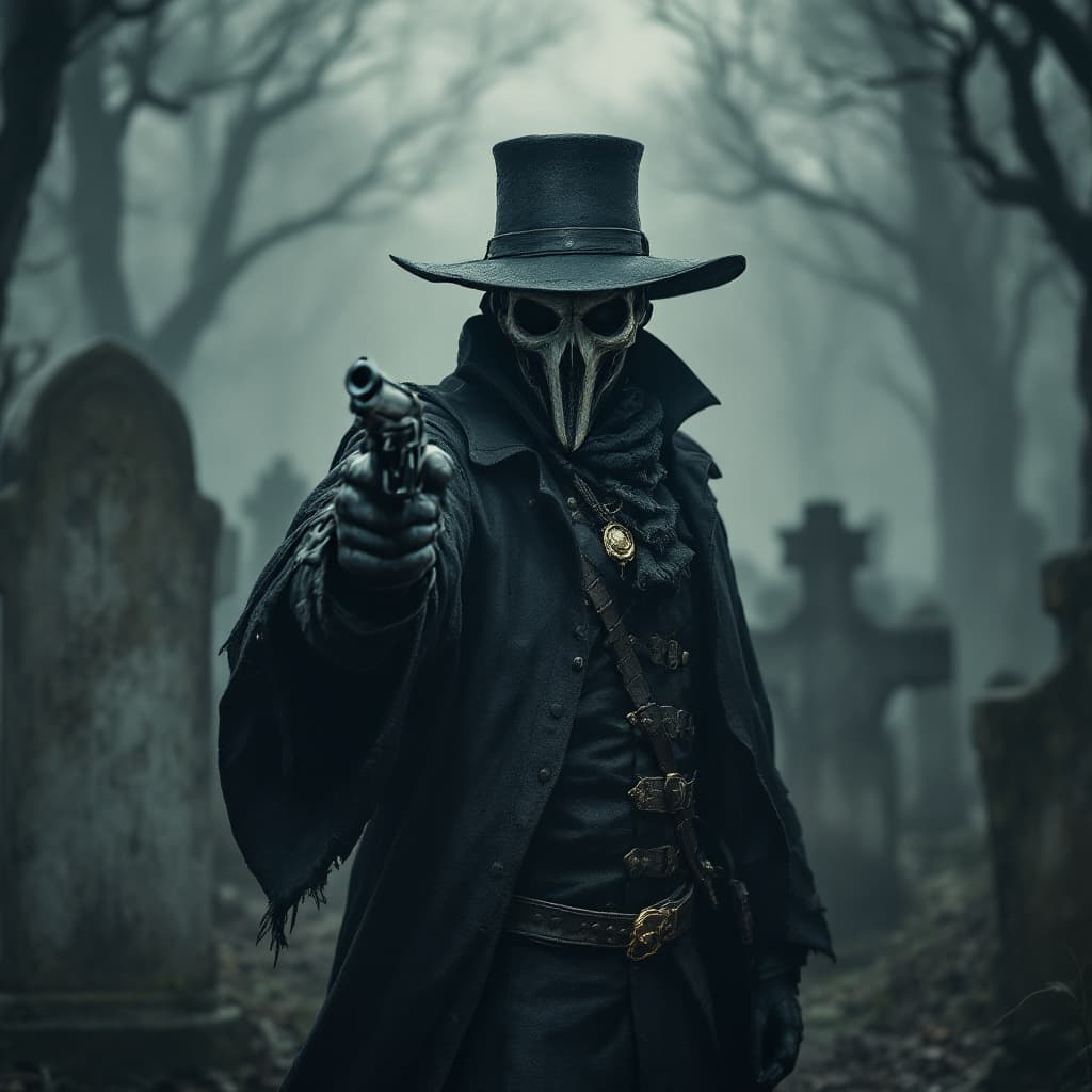 AI generated: 17th century Plague doctor, graveyard, fog, Hat, mask, leather, 6-shooter revolver, highly detailed,...