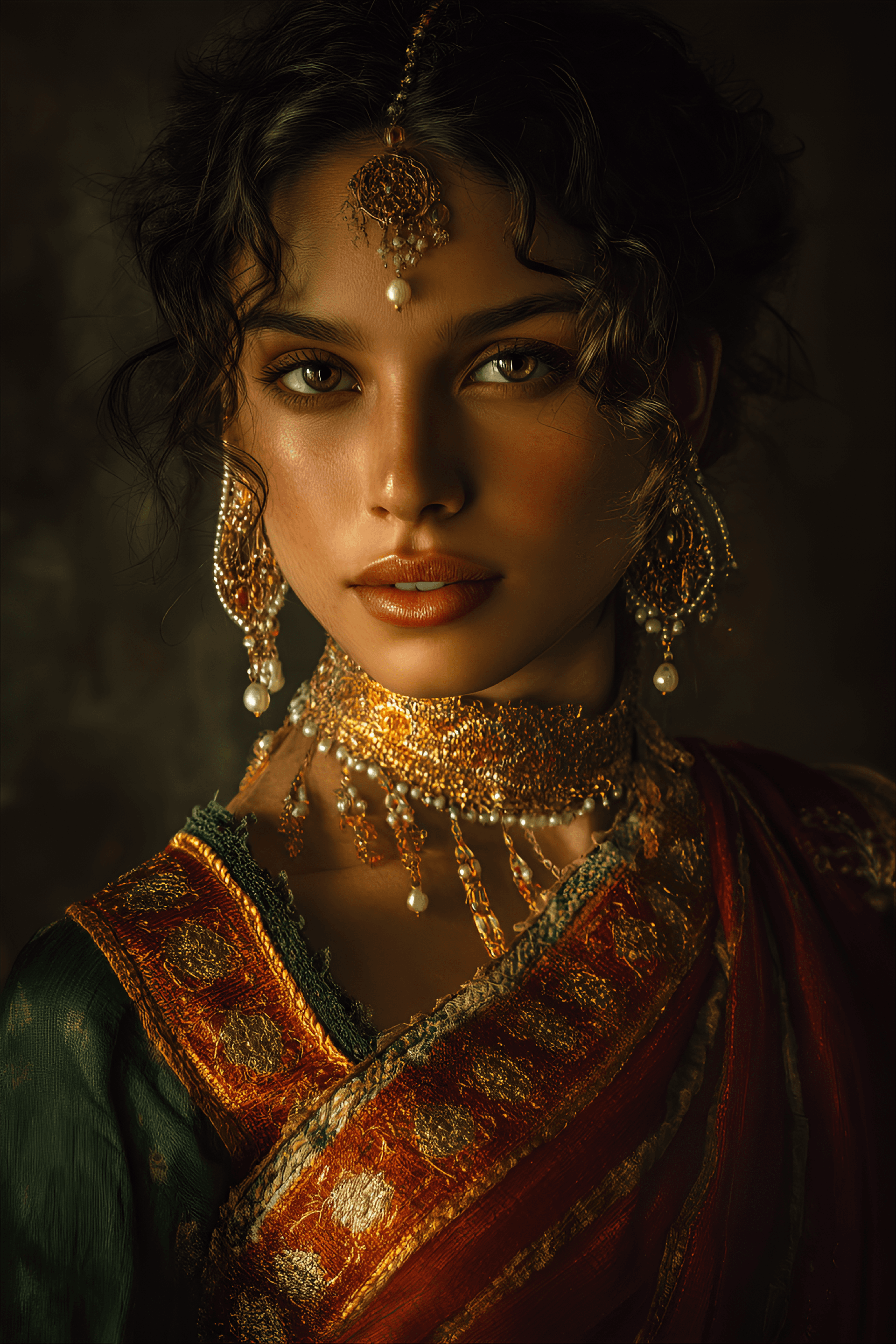 AI generated: Indian woman adorned with a saree of radiant crimson and emerald embroidery, jewelry sparkling under...