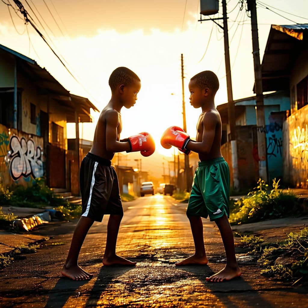 AI generated: Two 11-year-old boys, one slightly taller than the other, face off with boxing gloves in the middle ...