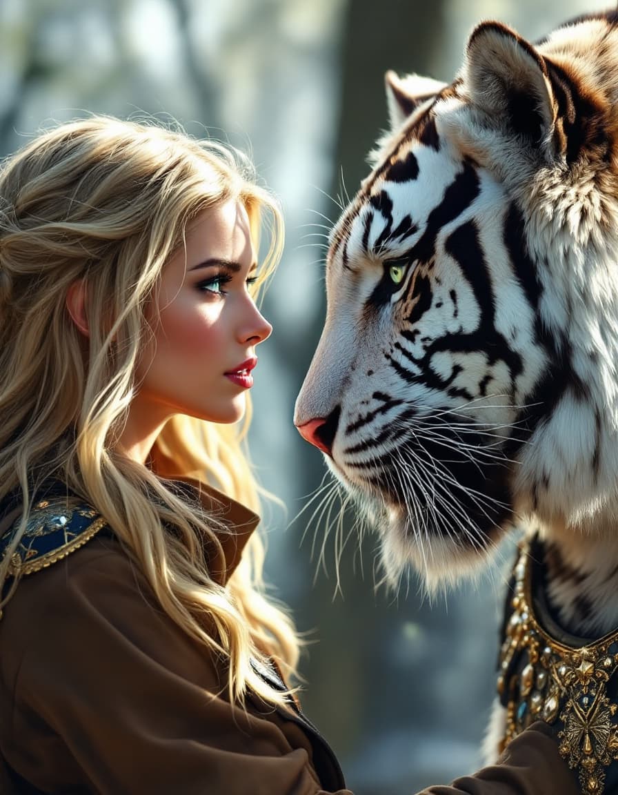 AI generated:  une femme belle et généreuse avec des yeux vert et de longs cheveux blond ébouriffés tenus militair...