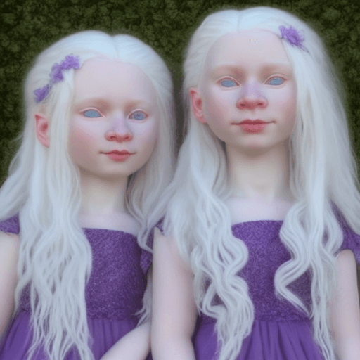 AI generated: Girls albino twins, white wavy hair, pale skin, purple eyes, gray eyebrows and soft smiles. Black dr...