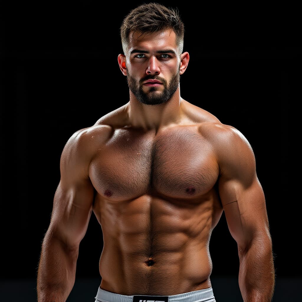 AI generated: Bosnian MMA fighter. 22 years old. Erko Jun. Green eyes. Caucasian. Serious. Full body image. Flip-f...