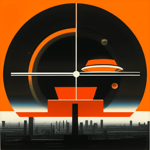 AI generated: In the style of el lissitzky, Bauhaus art, epic cityscape, orange planet in background, futuristic, ...