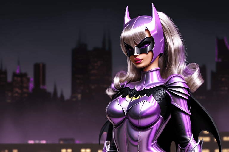 AI generated: barbie in a chrome  metal,purple Armour batman costume, Gotham city background