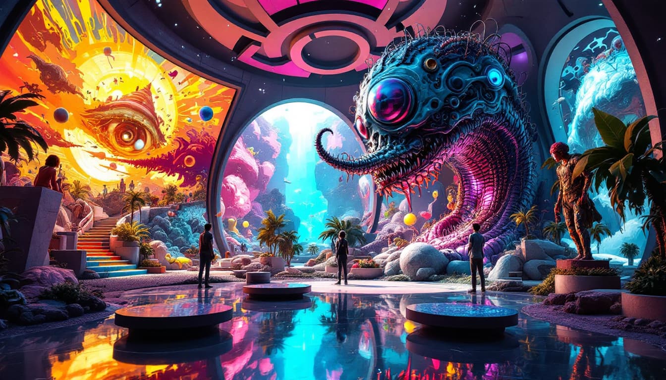 AI generated:     a close view inside a futuristic museum, featuring anime style strange, weird and bizzard art,la...