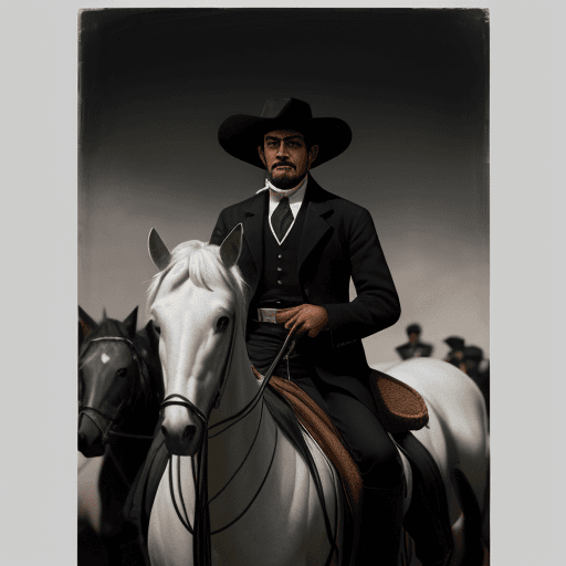 AI generated: Frontal photograph of a man from the Mexican Revolution era wearing a black hat and black jacket wit...