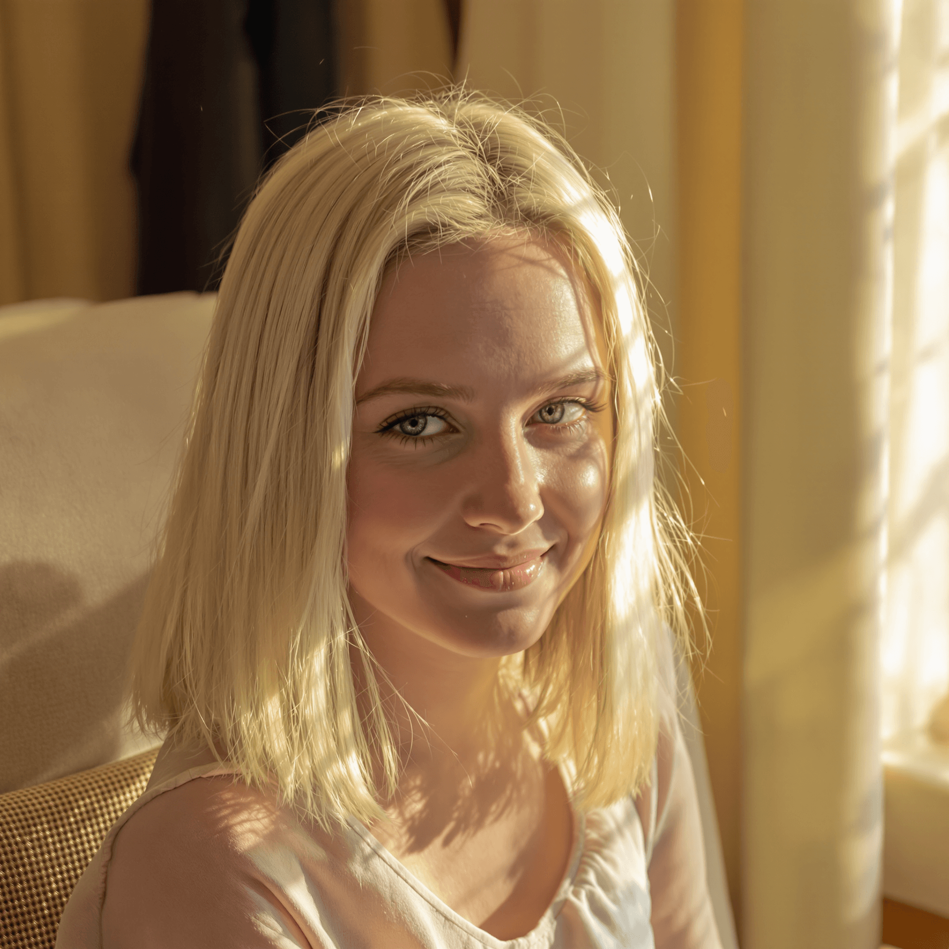 AI generated: A young blonde woman with blue eyes and light blonde hair styled in a long bob sits in a softly lit ...