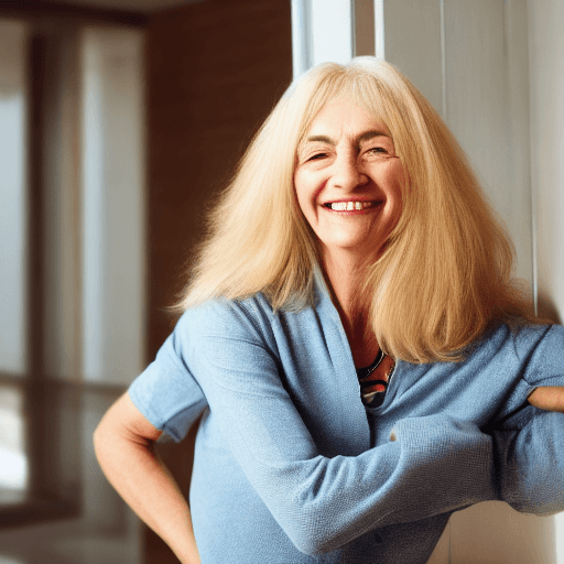AI generated: blond semi-long hair, woman 55years old, smiling , 