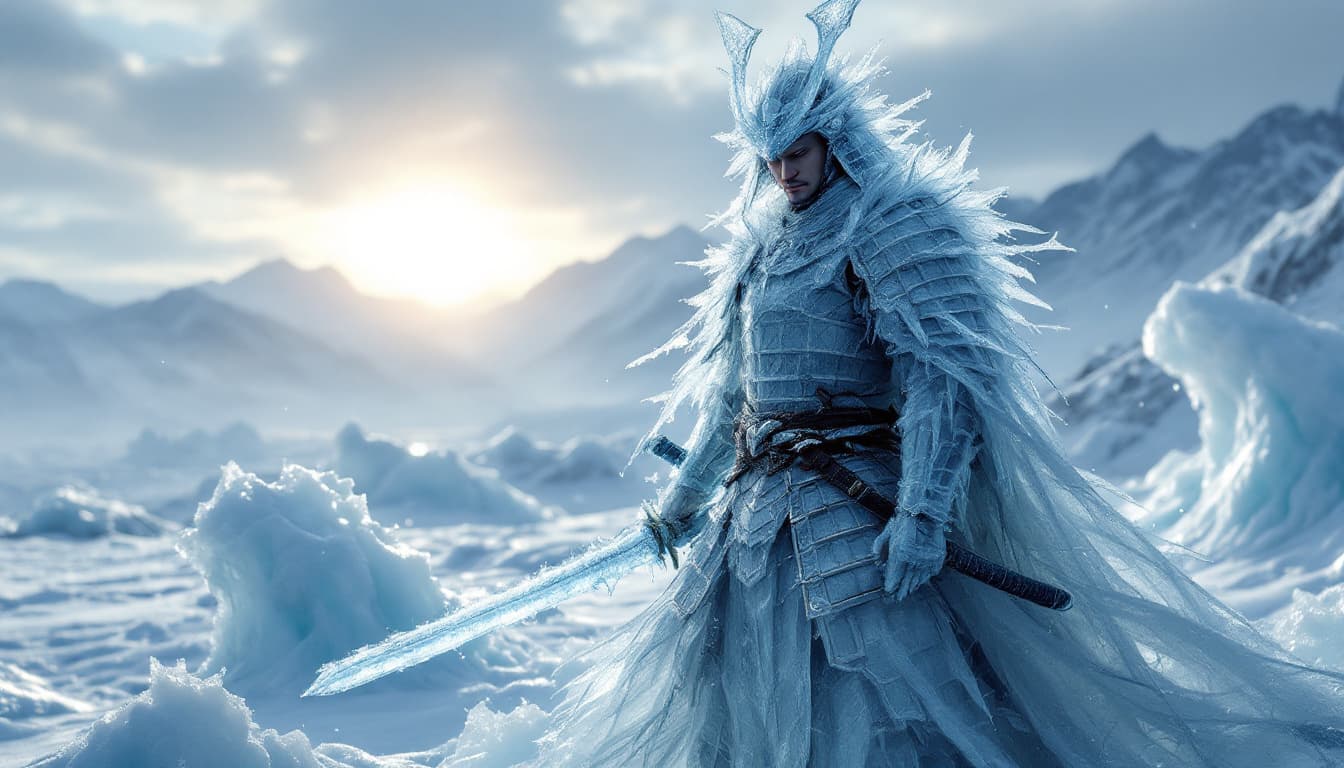 AI generated: A samurai clad in armor woven entirely from ice, standing in a frozen, desolate landscape. His armor...