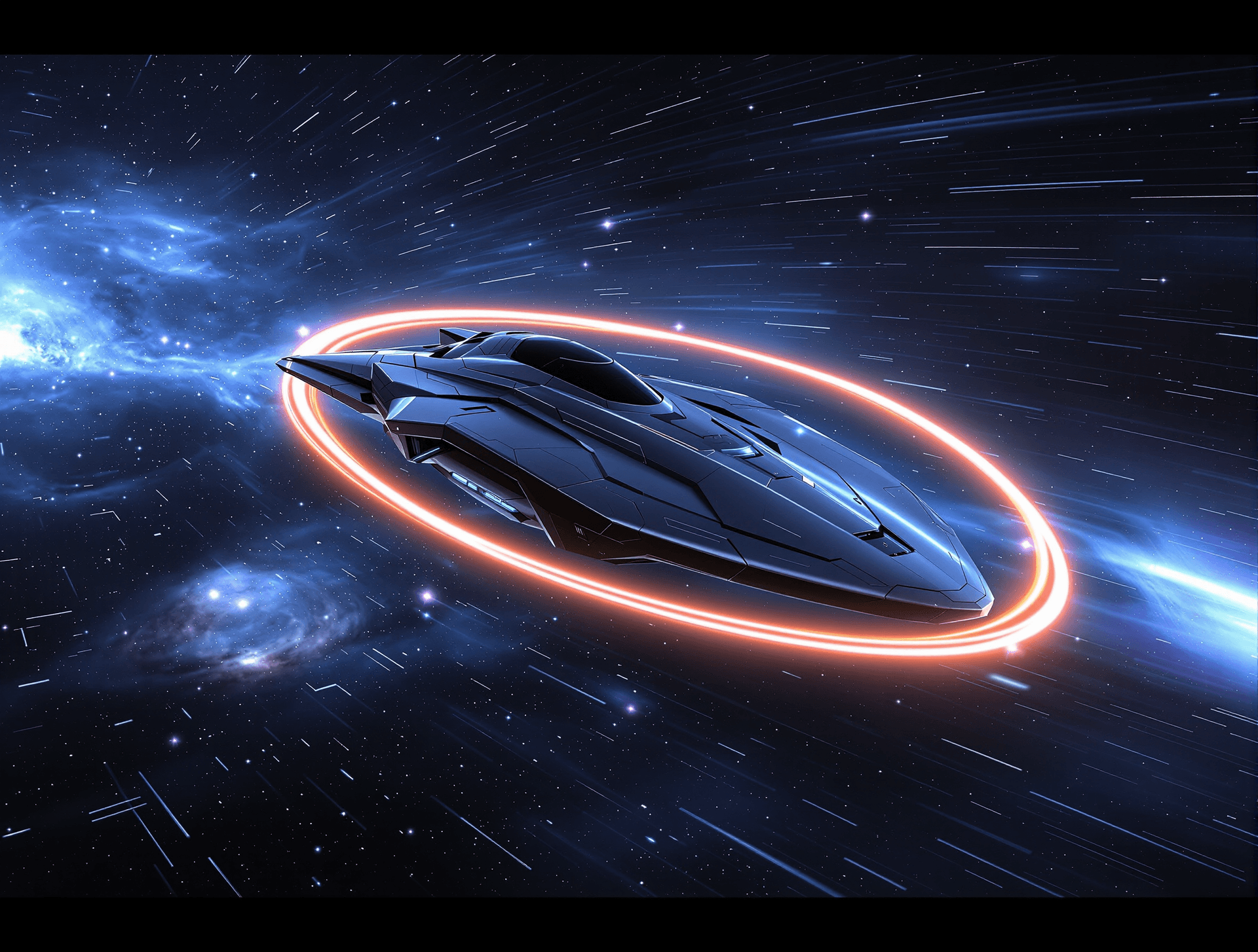 AI generated: A **futuristic spacecraft** traveling through deep space using an **Alcubierre warp drive**, depicte...