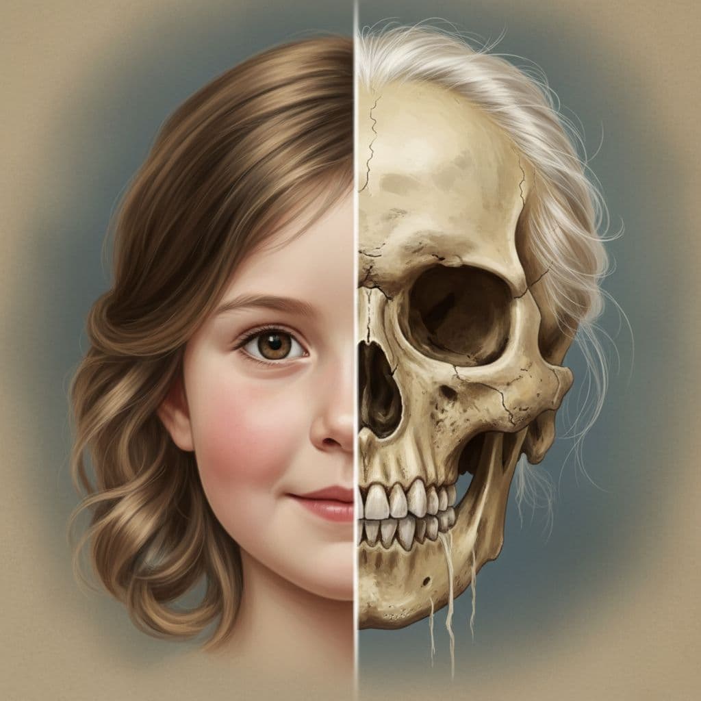 AI generated: A face, half young girl and half skull in their eighties --ar 4:5 --s 850 --niji 6