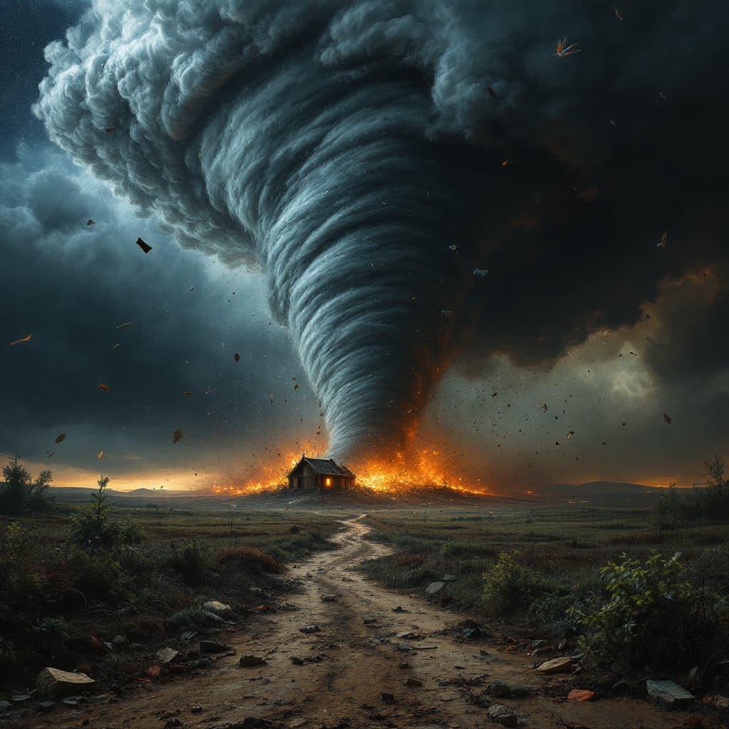 AI generated: a tornado, dark as night, bearing down on the landscape, debris flies through the air, impeccable at...