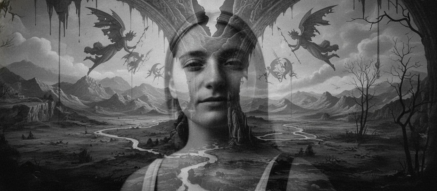 AI generated: Double exposure black and white photography of a woman’s face, solemn and ethereal, eyes half-closed...