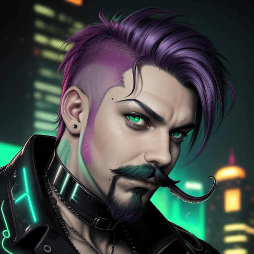 AI generated: a close up of a person, man with a thick mustache and goatee in his late 30s,  with colorful hair, g...
