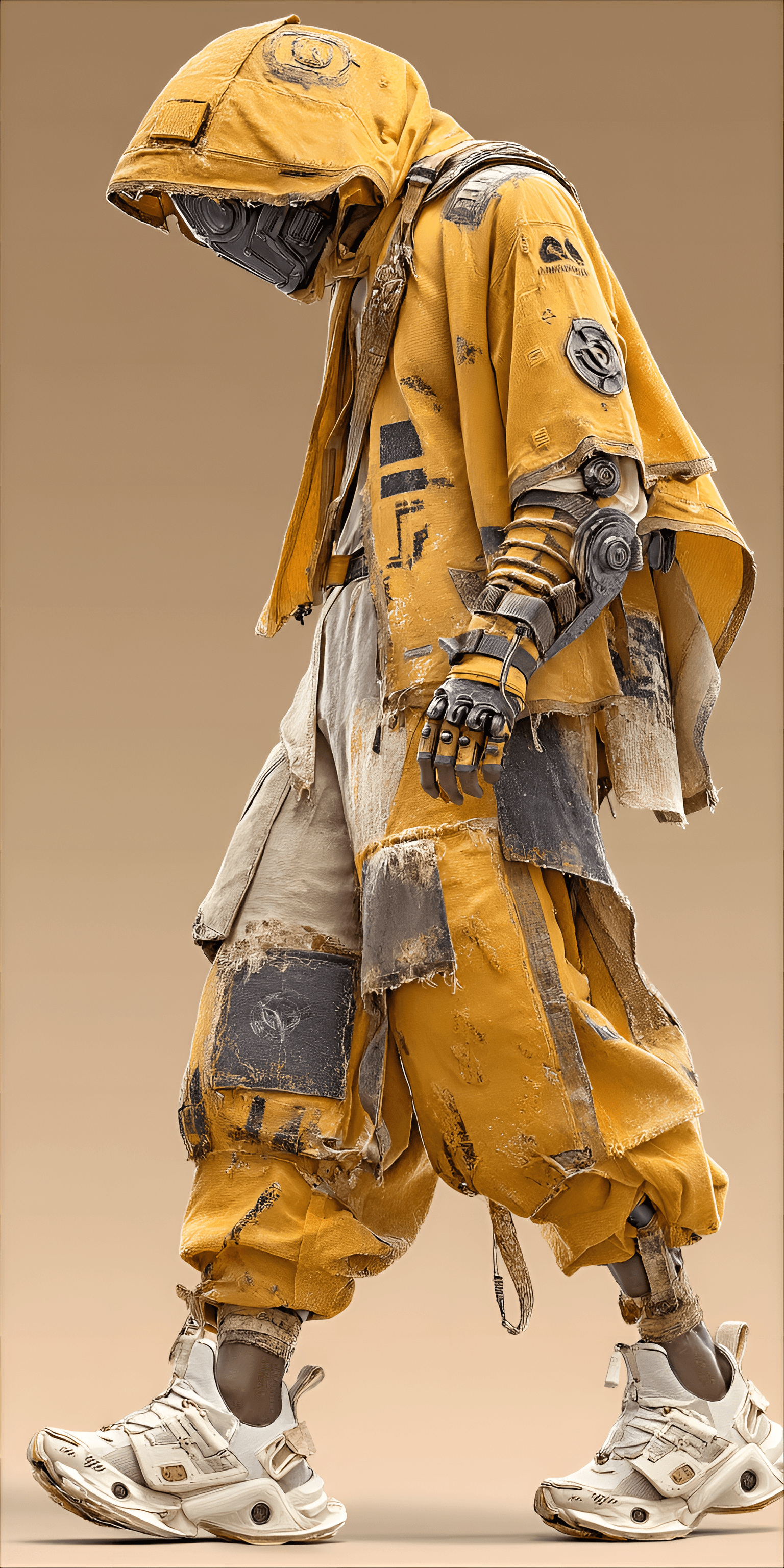 AI generated: Dark-skinned male figure, mid-20s,  wearing a stylized,  yellow, leather-like,  multi-layered  outfi...