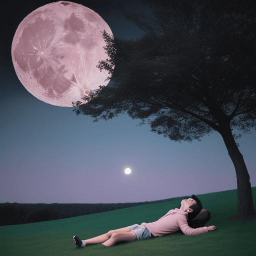 AI generated: Boy sit and lay down by the tree and look up the moon .in the moon one girl smiling.sky is pink and ...