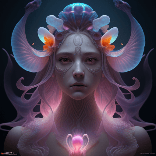 AI generated: Goddess close-up portrait ribcagel. jellyfish phoenix head, nautilus, orchid, skull, betta fish, bio...
