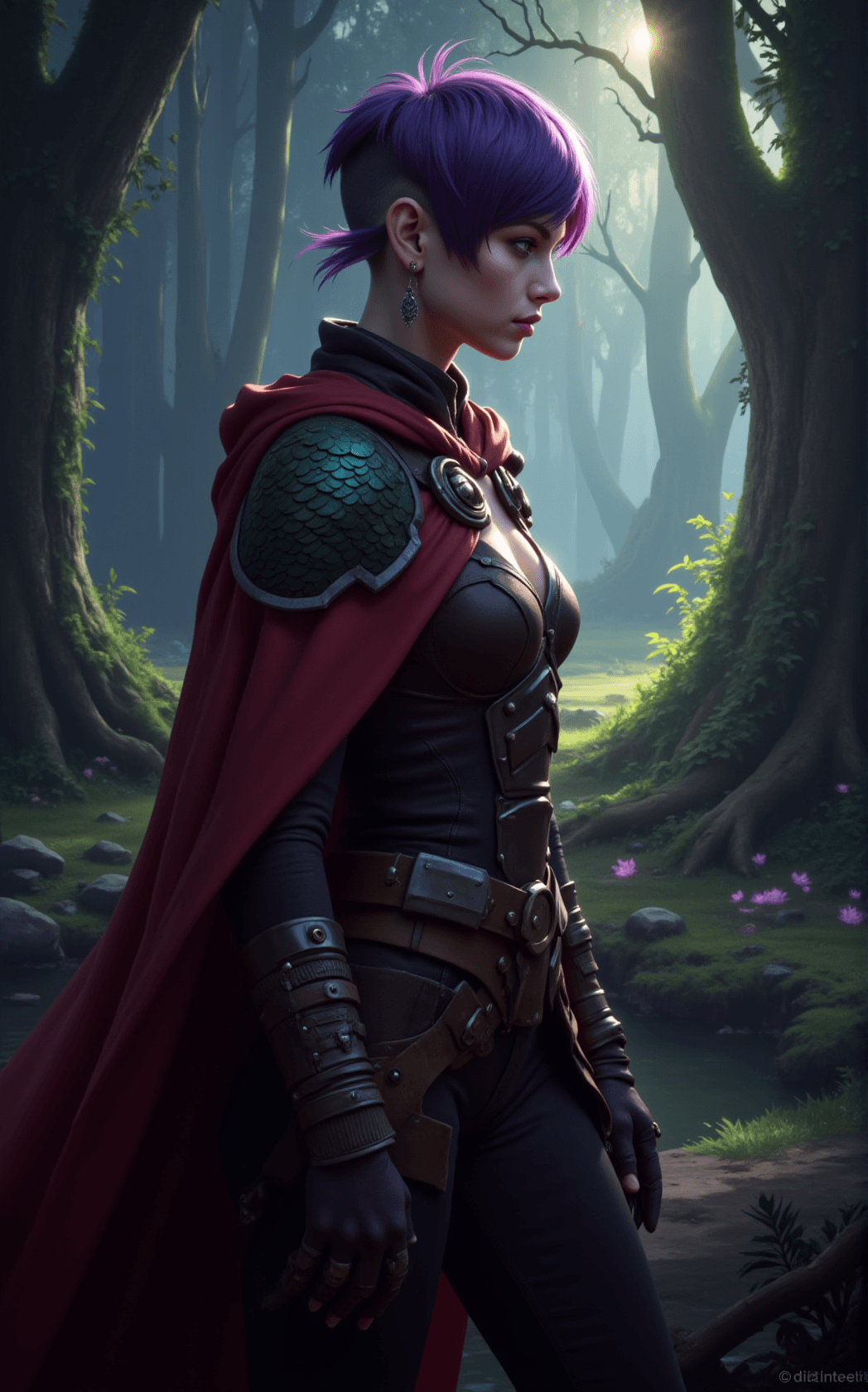 AI generated: A side portrait of a rugged girl, dressed in an adventurer's outfit with a large, flowing cloak, sta...