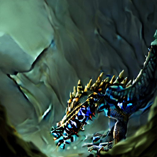 AI generated: resting dragon in a dark cave, big lizard head, hawk feather, lizard legs, lizard pose, dnd characte...