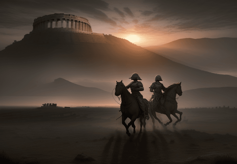 AI generated: surreal, ancient rome, battlefield on plain, confrontation, fight between soldiers, shattered techno...